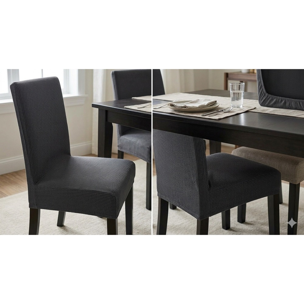 Waterproof Stretch Dining Chair Slipcovers 6 Count Charcoal Grey Waffle Jacquard